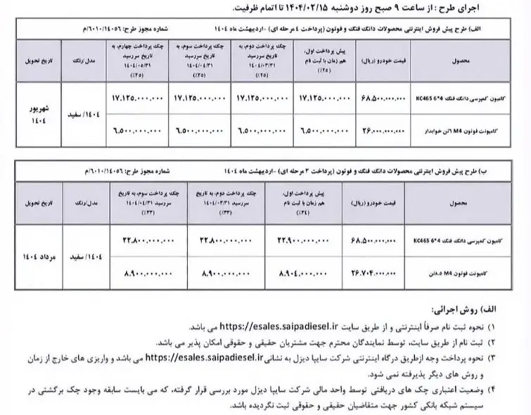 جزئیات طرح پیش فروش نقدی سایپا دیزل